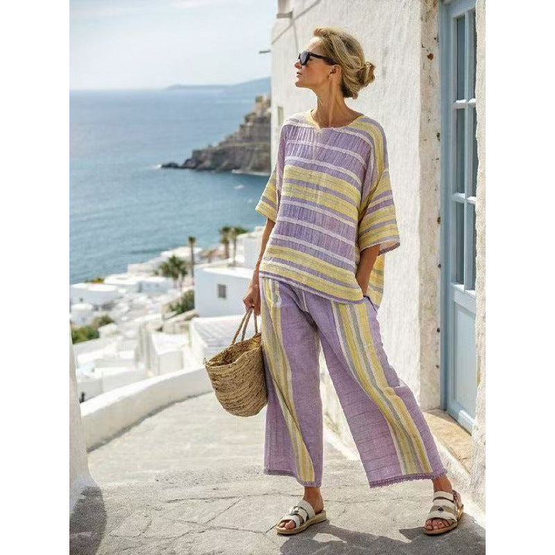 Women Boho Striped Print Round Neck Short Sleeve Wide Leg Beach Set
