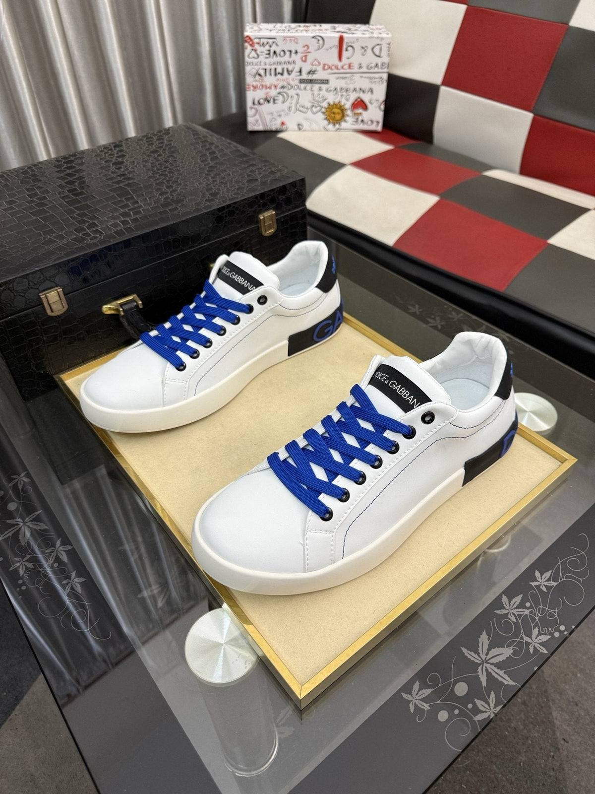 Dolce & Gabbana White Low-Top Sneakers with Blue Laces