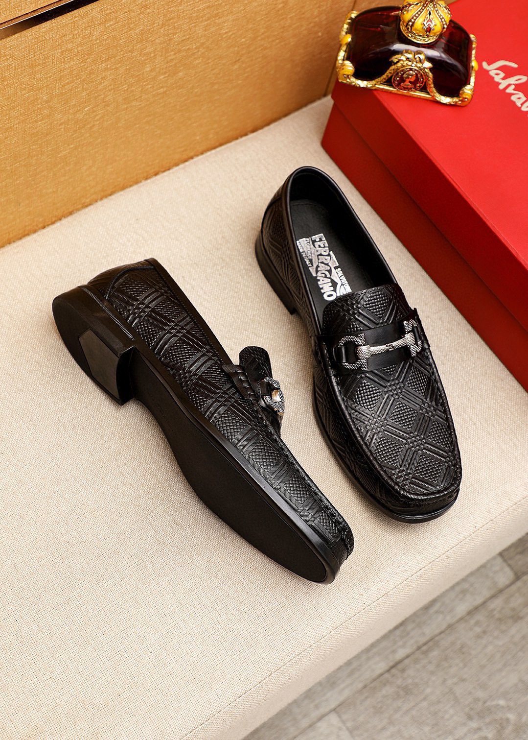 Ferragamo Black Embossed Buckle Loafers - Rubber Sole