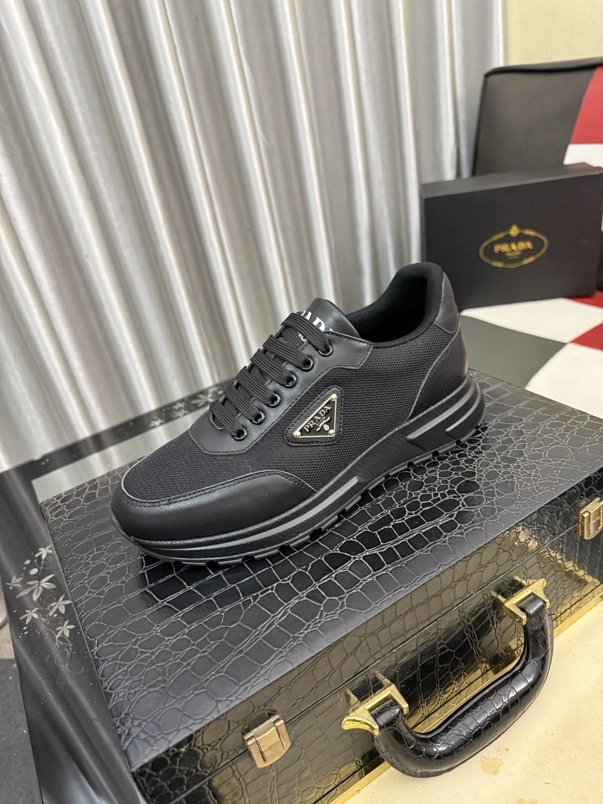 Prada Men's Triangle Plaque Low-Top Sneakers - Rubber Outsole