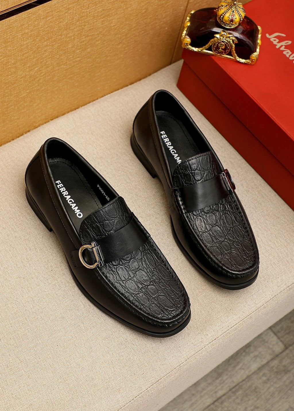 Ferragamo Textured Metal Bit Leather Loafers