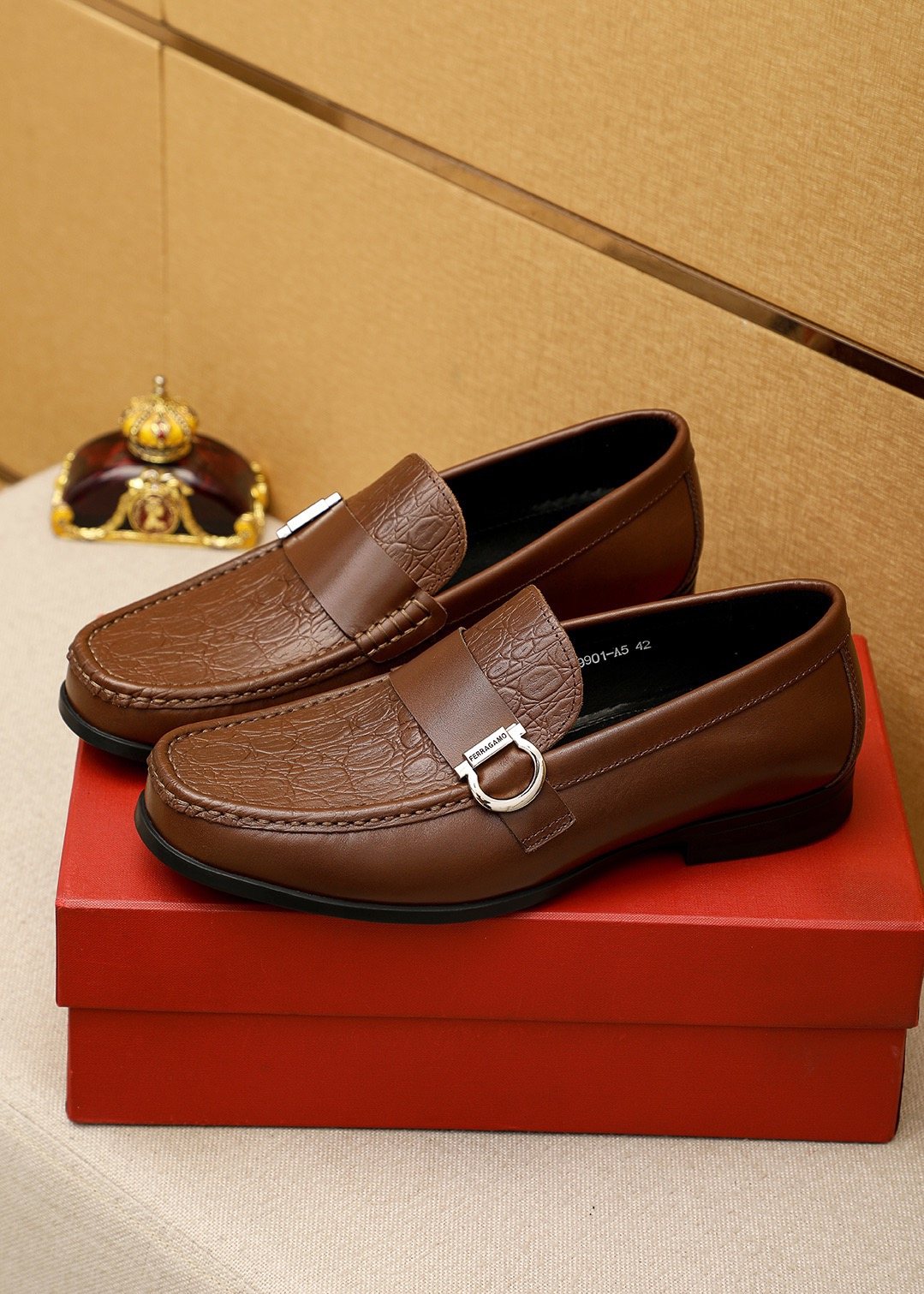 Ferragamo Textured Metal Bit Leather Loafers