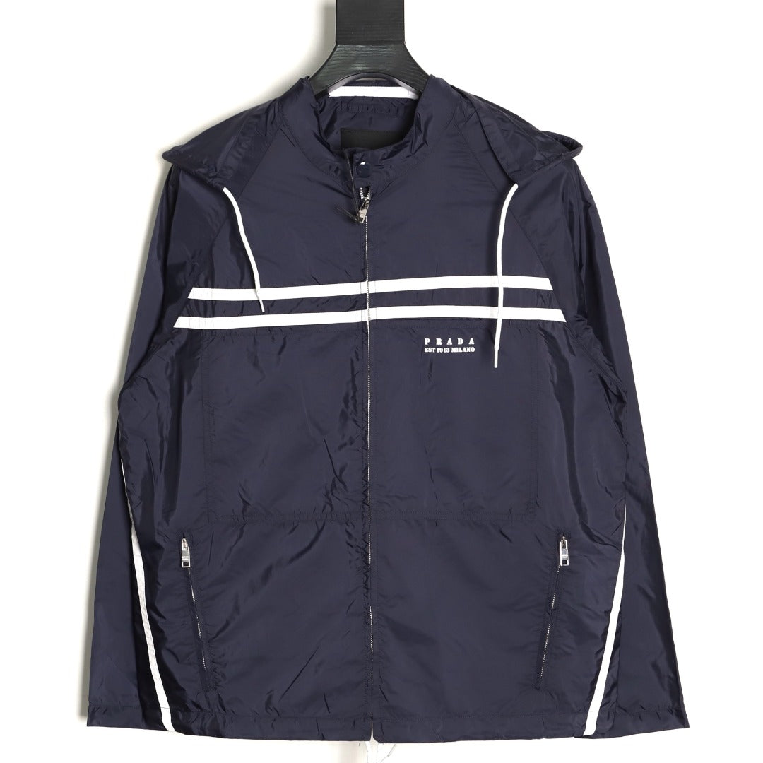 Prada Logo-Detail Contrast-Stripe Hooded Zip Jacket - Navy