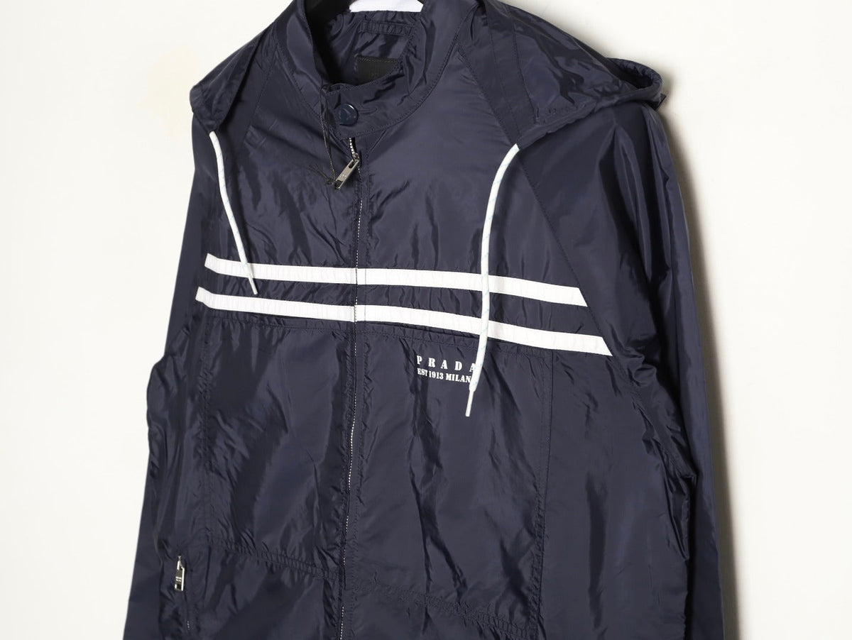 Prada Logo-Detail Contrast-Stripe Hooded Zip Jacket - Navy